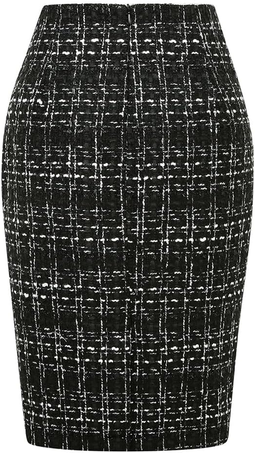 Damen-Bleistiftrock aus Wolle, kariert, für Herbst und Winter, hohe Taille, Schlitz, figurbetont, knielang, Midirock